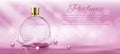 Perfume glass bottle light pink package design on pink background with glittering bokeh elements