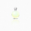 Perfume glass bottle. Realistic 3d cologne transparent packaging, colored fragrance with spray