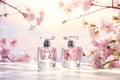 Perfume glass bottles with a cherry blossom design sit on a table