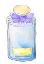 Perfume in a glass round blue jar. watercolor illustration for prints, posters, magazines and design Royalty Free Stock Photo