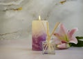 Perfume for home, lily flower product home on decorative backgrounddesign