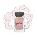 Perfume illustration sketch with aroma cloud. Fashion luxury cosmetcis print. Fragrance glamour parfum bottle background