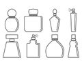 Perfume isolated icons set on white background with fragrance, spray and scense. Linear and outline perfume bottles.