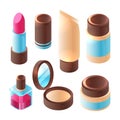 Perfume isometric. Dimension false nails brush eyeshadows makeup colorful mask cream lips palette color vector beauty