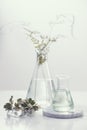 Perfume oils concept. Laboratory glassware with infused floral water on table