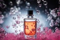 Perfume pheromones on colorful molecules background. Molecular perfumes increase irresistibility. Pheromone colognes are scented