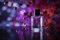 Perfume pheromones on colorful molecules background. Molecular perfumes increase irresistibility. Pheromone colognes are scented