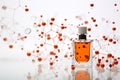Perfume pheromones on white molecules background. Molecular perfumes increase irresistibility. Pheromone colognes are scented or Royalty Free Stock Photo