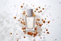 Perfume pheromones on white molecules background. Molecular perfumes increase irresistibility. Pheromone colognes are scented or