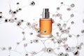 Perfume pheromones on white molecules background. Molecular perfumes increase irresistibility. Pheromone colognes are scented or Royalty Free Stock Photo