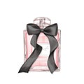 Perfume pink bottle with black bow. Illustration on white background