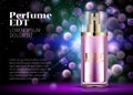 Perfume Pink Glass Bottle Product Advertising Realistic Composition on Blurred Purple Background with Sparkles and Rays