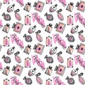 Perfume seamless pattern. Doodle sketch of perfume bottles in pink colors on white background. Vector Royalty Free Stock Photo