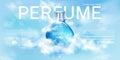 Perfume spray bottle in cloudy sky mock up banner. Royalty Free Stock Photo