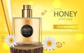 Perfume spray bottle with honey fragrance. Realistic Vector Product packaging design. 3d illustration mock ups