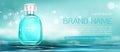 Perfume spray bottle mock up banner. Glass flask Royalty Free Stock Photo