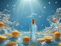 Perfume spray bottle underwater with citrus fruits around. Ideal for fragrance, freshness, and product presentation concepts