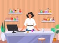 Perfume store. Female shop assistant standing at counter, flat vector illustration. Perfumery, department store interior