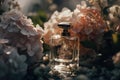Perfume surrounded by flowers. Generative AI. Royalty Free Stock Photo