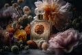 Perfume surrounded by flowers. Generative AI Royalty Free Stock Photo