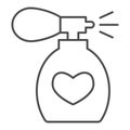 Perfume thin line icon. Fragrance bottle with heart and water spray mist symbol, outline style pictogram on white