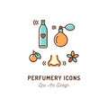 Perfumery Icons. Perfume, deodorant, smelling and smell, nose. Thin line art colorful design, Vector illustration