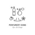 Perfumery Icons. Perfume, deodorant, smelling and smell, nose. Thin line art design, Vector outline illustration