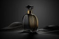 Perfumery. Minimal composition with perfume bottle on a dark background. Created with Generative AI technology