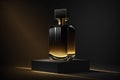 Perfumery. Minimal composition with perfume bottle on a dark background. Created with Generative AI technology