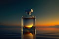 Perfumery. Minimal composition with perfume bottle on the water. Created with Generative AI technology