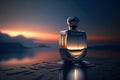 Perfumery. Minimal composition with perfume bottle on the water. Created with Generative AI technology