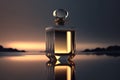 Perfumery. Minimal composition with perfume bottle on the water. Created with Generative AI technology