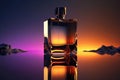 Perfumery. Minimal composition with perfume bottle on the water. Created with Generative AI technology