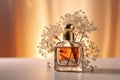 perfumery woman cosmetic smell fragrance glass perfume aroma flower scent bottle. Generative AI.