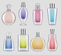 Perfumes bottles. Realistic luxury good smell for female in glass bottles decent vector mockup collection