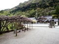 Pergola with blooming wisterias in a Japanese temple