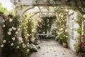 pergola with climbing roses and hanging pots on a white stone patio