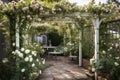 pergola with climbing roses and hanging pots on a white stone patio