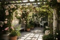 pergola with climbing roses and hanging pots on a white stone patio