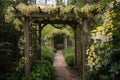 pergola covered in fragrant honeysuckle vines, surrounded by blooming flowers