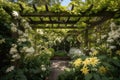 pergola covered in fragrant honeysuckle vines, surrounded by blooming flowers