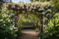 pergola covered in fragrant honeysuckle vines, surrounded by blooming flowers