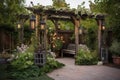 pergola with flowering vines and rustic lanterns