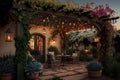pergola with hanging lights, vines, and flowering plants