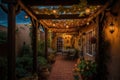 pergola with hanging lights, vines, and flowering plants