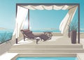 Pergola, pool, white curtains