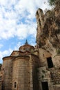 Peribleptos Monastery and ruins of city walls, abandoned ancient city Mystras, Peloponnese, Greece Royalty Free Stock Photo