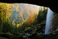 Pericnik Falls, waterfall with orange tree in Triglav National Park, Slovenia. Landscape in nature Europe. Foggy Triglav Alps Royalty Free Stock Photo