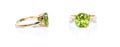 Peridot and Diamond Jewel or gems ring on white background with reflection. Collection of natural gemstones accessories. Studio