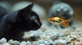 Perilous Encounter: Goldfish Threatened by Stealthy Black Cat